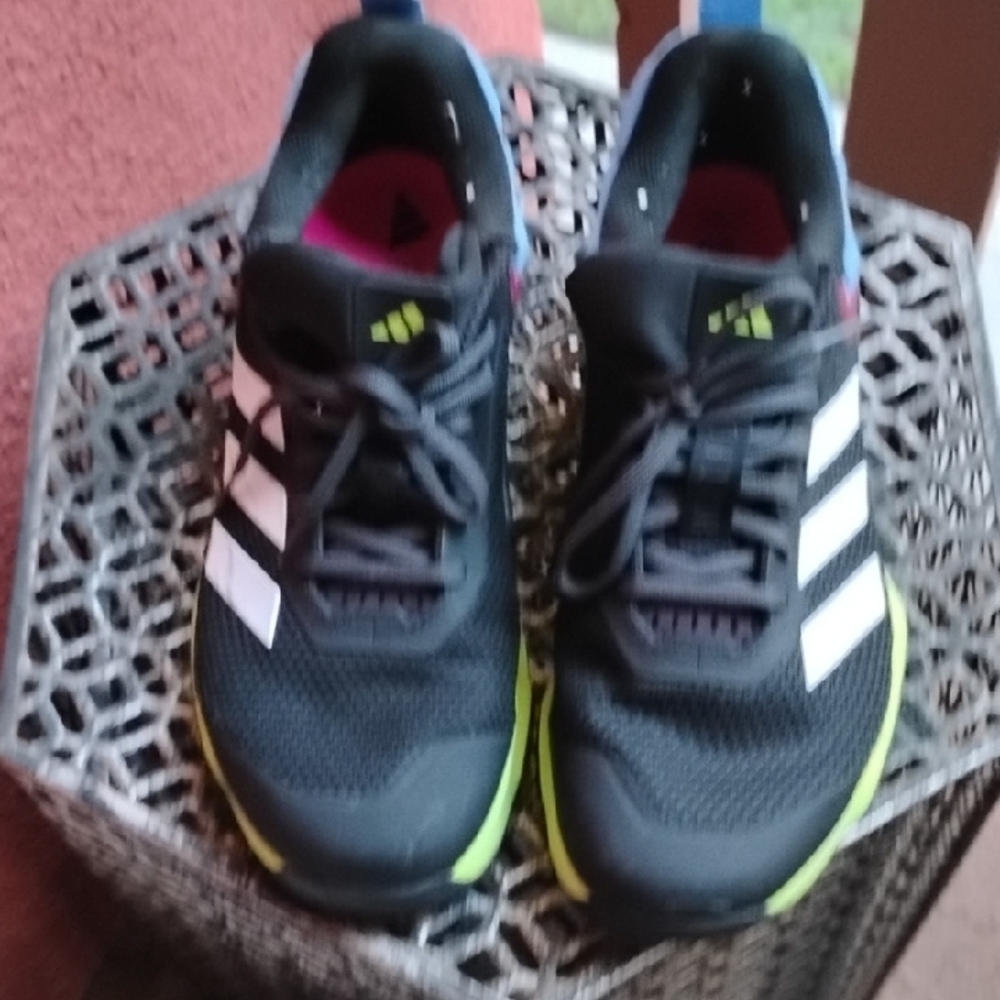 adidas Black Sneakers with White Stripes, Pink Lining & Neon Green Accents - Picture 7 of 8